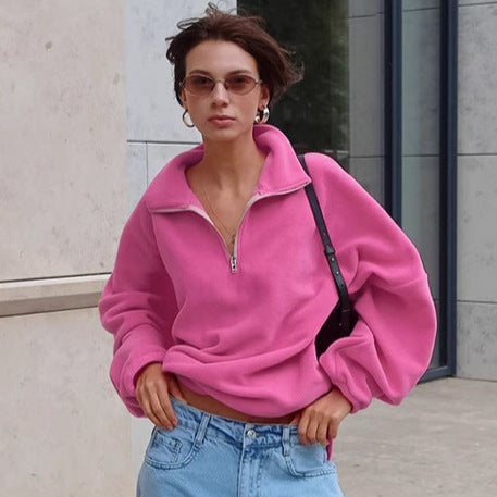 " Women Pink Collared Fleece Sweater "