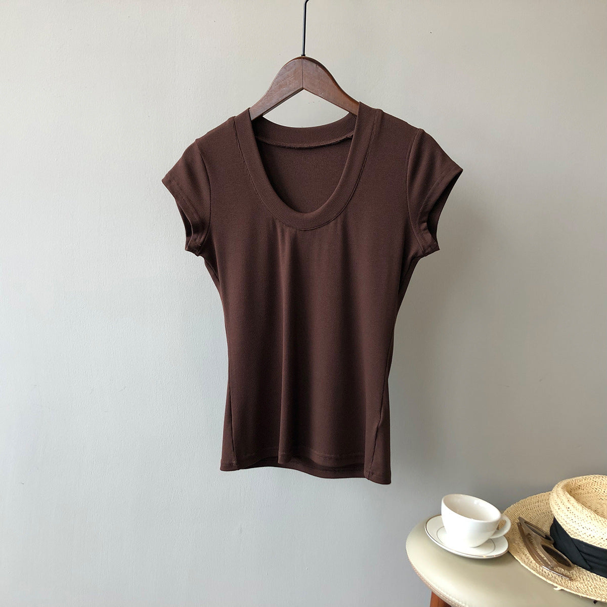 Women Solid Stretch T shirt  U Collar