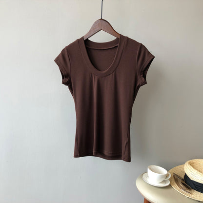 Women Solid Stretch T shirt  U Collar
