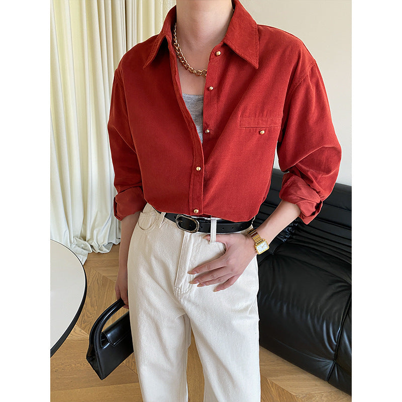 "Chic Corduroy Shirt Dress with Gold Buckle and Bandage Detail"