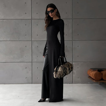 "Regular Asymmetric Slit Solid Color Long Sleeve Dress"
