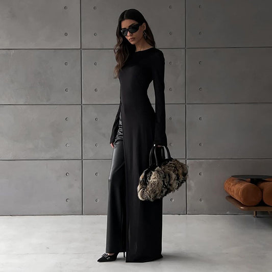 "Regular Asymmetric Slit Solid Color Long Sleeve Dress"