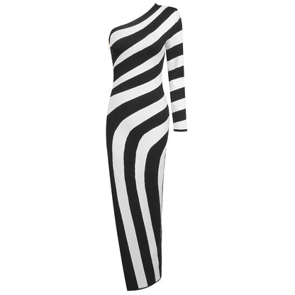 one-shoulder Black and white striped bandage dress"