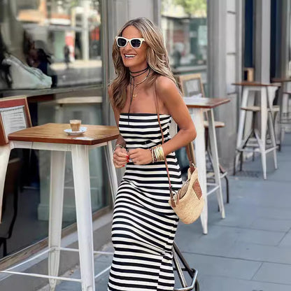 Striped Wrapped Chest Split Sheath Dress