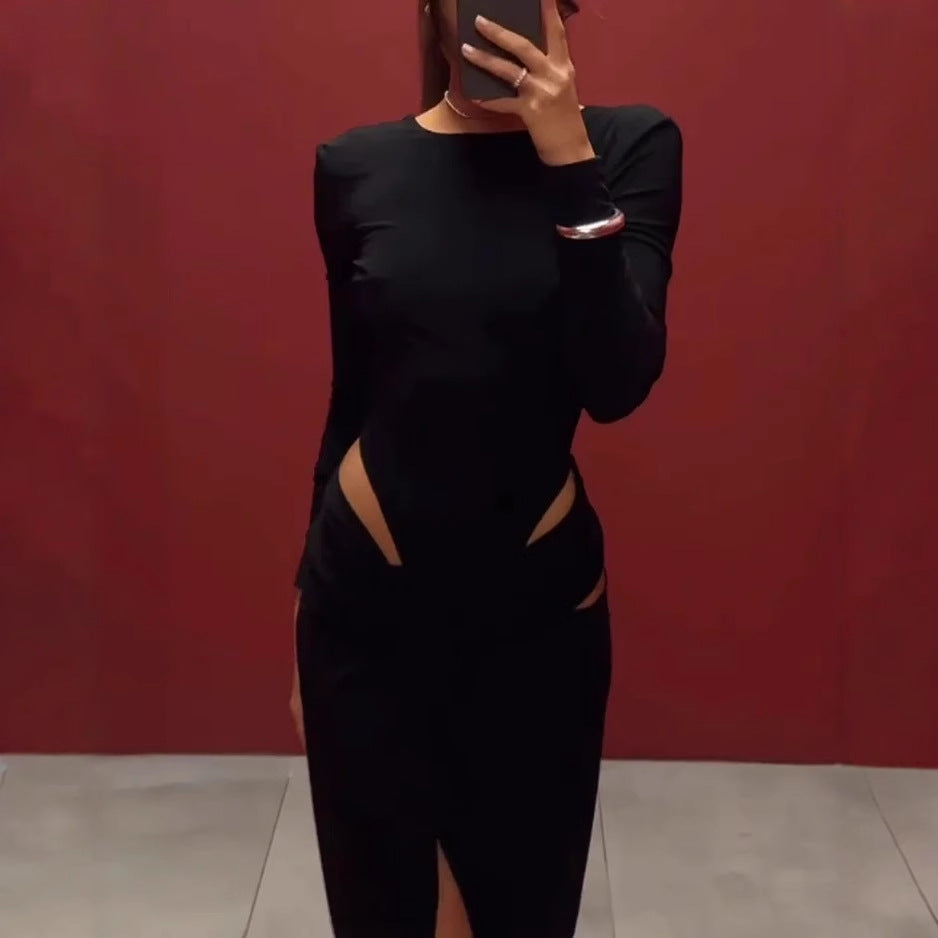 Fashionable Long Sleeve Hollow Cutout Solid Color Dress