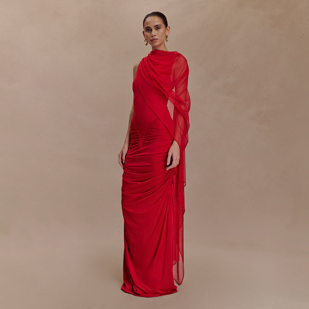 Fashionable Pleated Mesh Shawl  Sheath round Neck Slim Dress