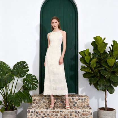 Breathable Knit Maxi Halter Backless Solid Color Dress