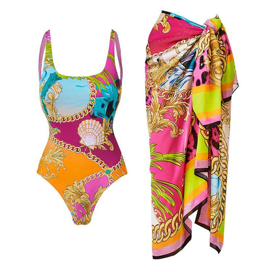 One Piece Swimsuit Set  Printed Contrast Color