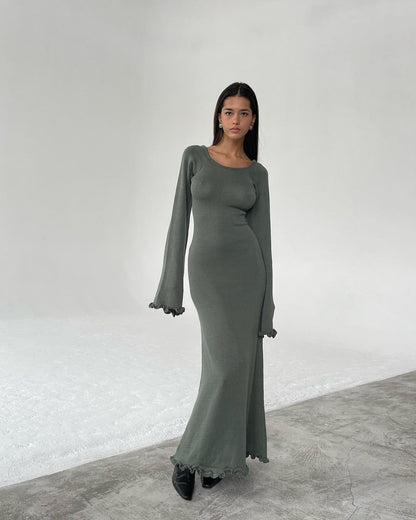 Backless Slim Fit Comfortable High Waist Lace Up Woolen Dress