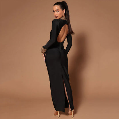 "Diamond Bead Long Sleeve Backless Bandage Dress"