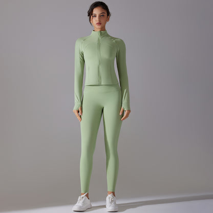 Trendy Push up Long Sleeve Solid Color Slim Elastic Zipper Workout Set
