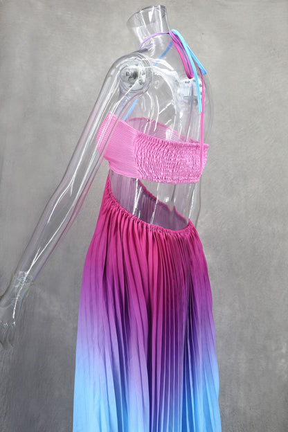 Summer Gradient Color Halter Pleated Long Dress
