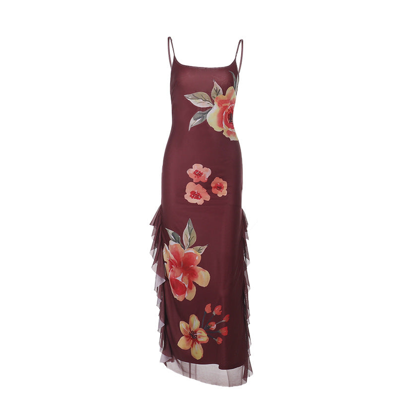 Sleeveless floral ruffle cami dress with high split