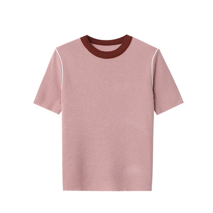 "Retro Contrast Color Round Neck Knitted Short Sleeve Top"