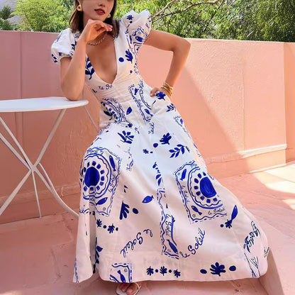 Low V Neck Printed Puff Sleeve Large Swing Cotton Linen Dress