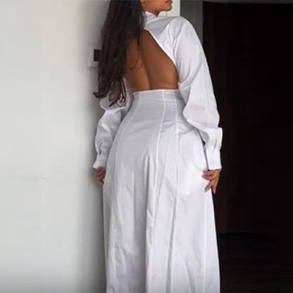 Backless Waist Trimming Solid Color Maxi Dress