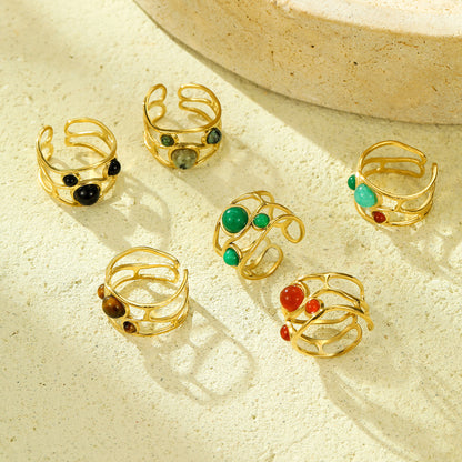 Natural Stone  18K Gold Plating Stainless Steel Open Ring