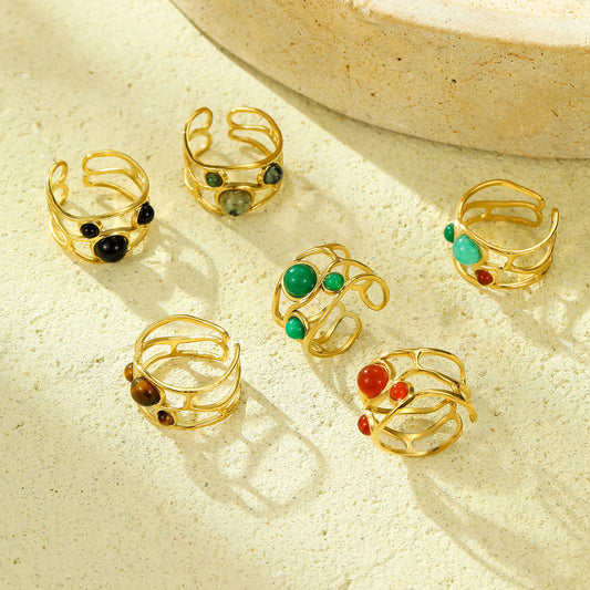 Natural Stone  18K Gold Plating Stainless Steel Open Ring