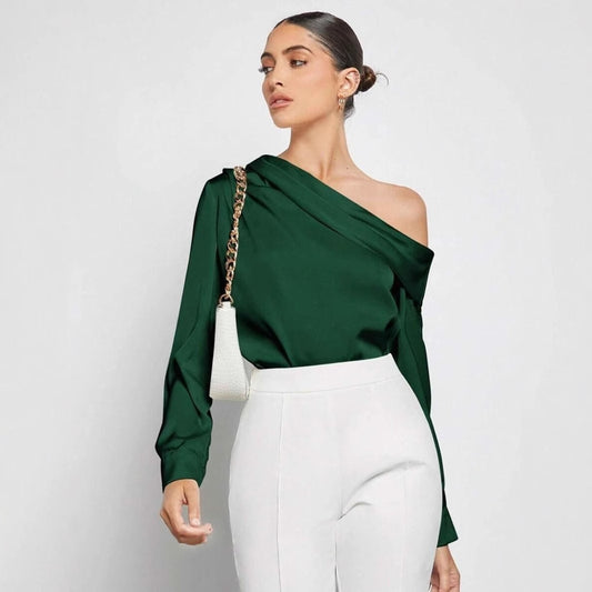 Pleated Satin off the Shoulder  Long Sleeve Shirt