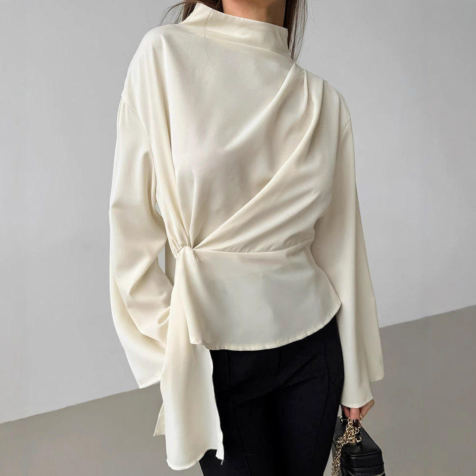 "French Chiffon Bell Sleeve Pleated Split Top"