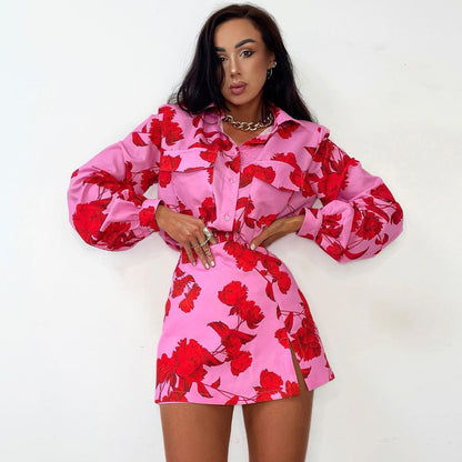 Printed Long Sleeve  High Waist  Skirt Set