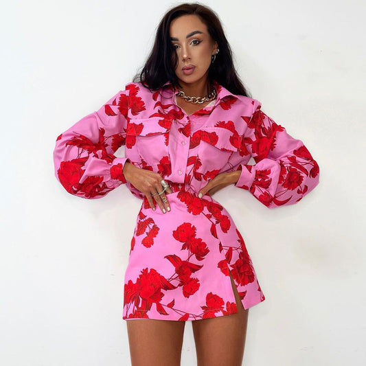 Printed Long Sleeve  High Waist  Skirt Set