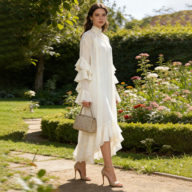 Spring High Neck Ruffled Maxi  Bell Sleeve Two Piece Dress