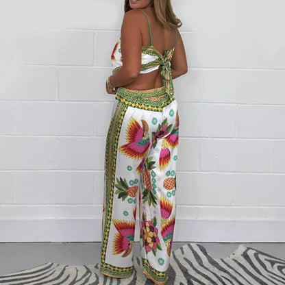 Printing  Satin Sling Top Trousers Suit