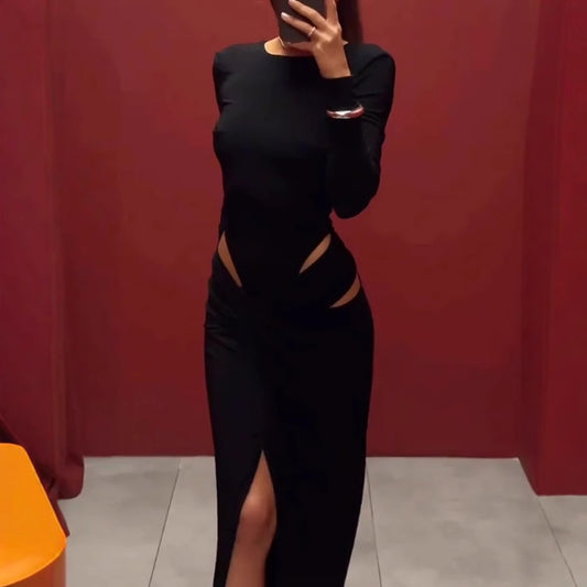 Fashionable Long Sleeve Hollow Cutout Solid Color Dress
