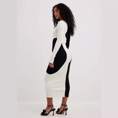 Knitted Black White Matching Long Sleeve Sweater Dress