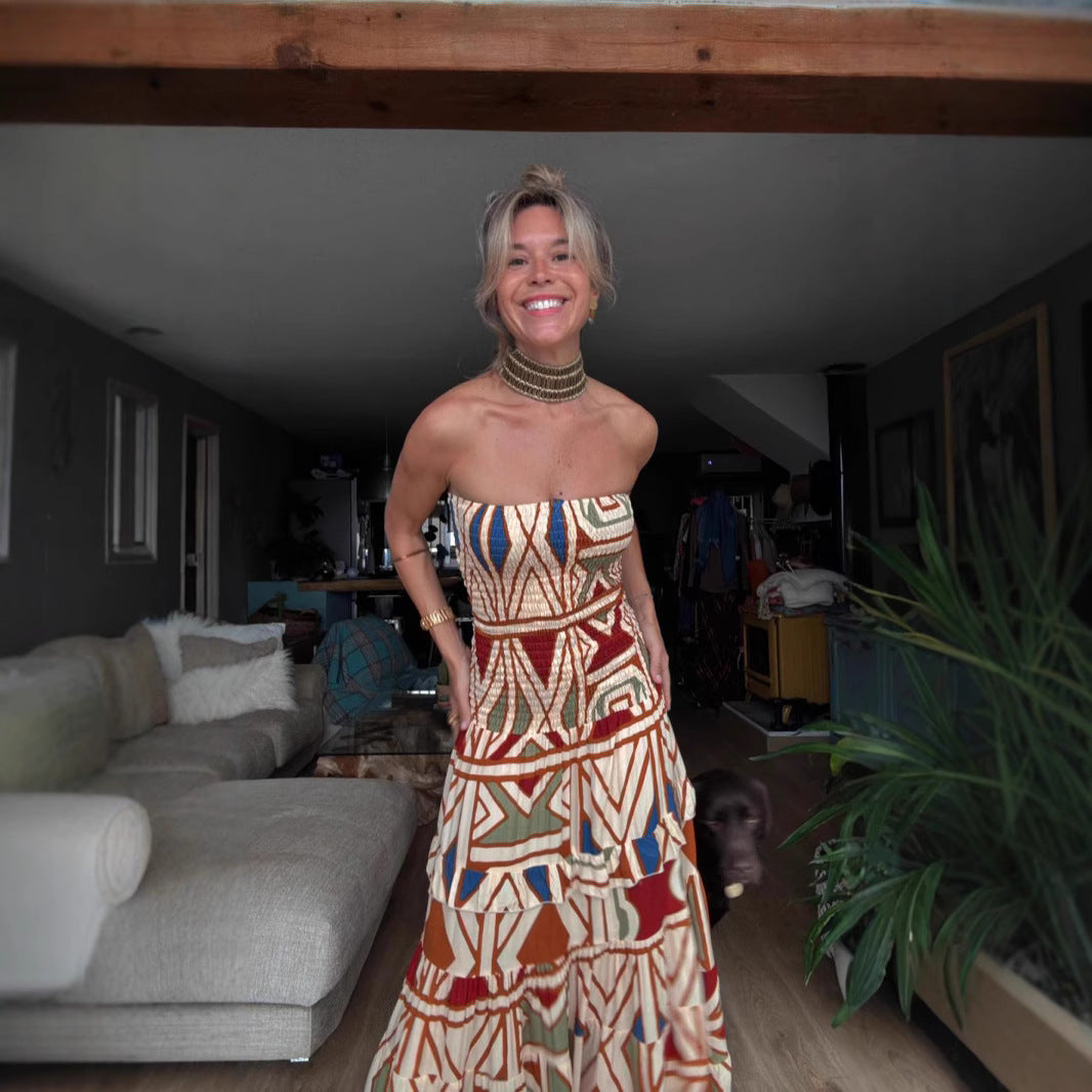 Retro Boho High Waist Printing Slip Dress