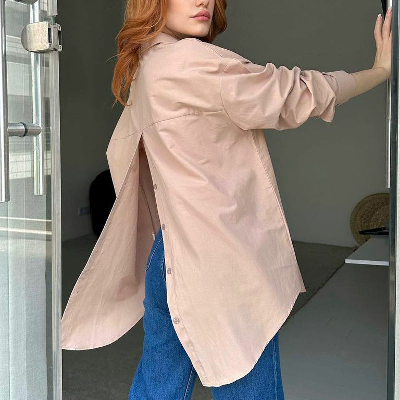 "Women's Solid Color Long Sleeve Back Slit T-Shirt"