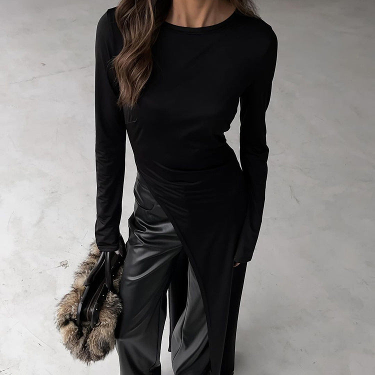 "Regular Asymmetric Slit Solid Color Long Sleeve Dress"