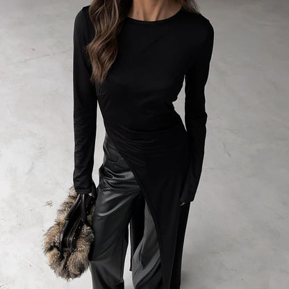 "Regular Asymmetric Slit Solid Color Long Sleeve Dress"
