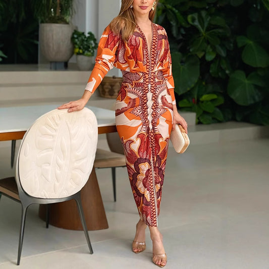 Printed  V neck Long Sleeve Split Dress