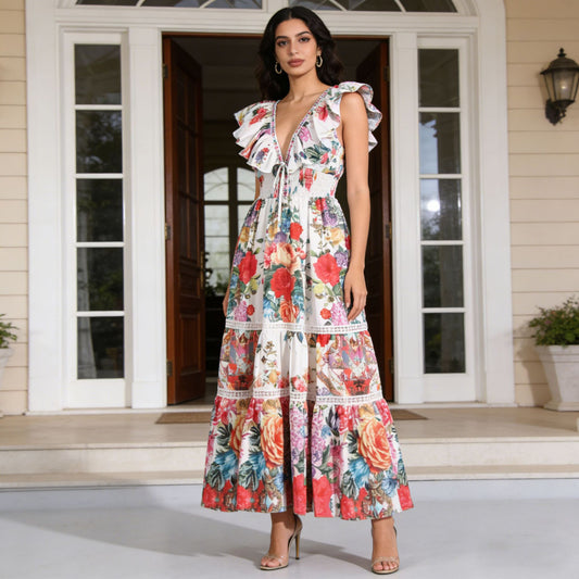 Ruffled Sleeve Floral Maxi Dress