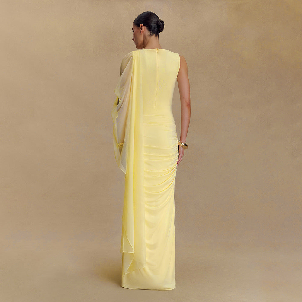 Fashionable Pleated Mesh Shawl  Sheath round Neck Slim Dress