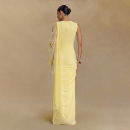 Fashionable Pleated Mesh Shawl  Sheath round Neck Slim Dress