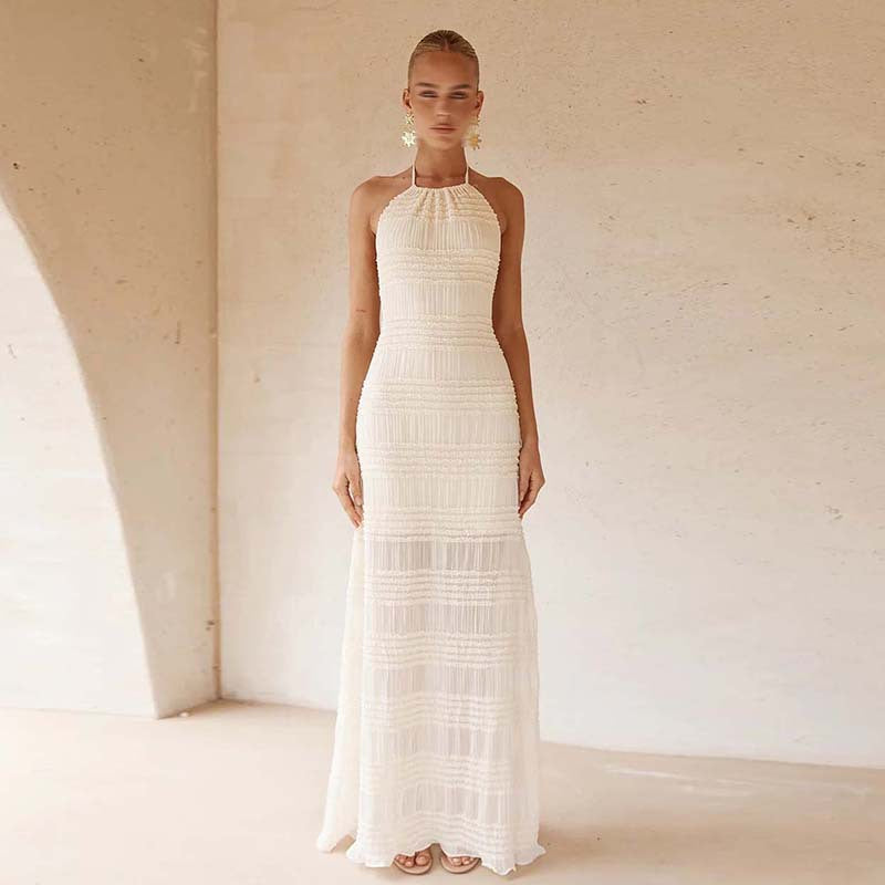 Breathable Knit Maxi Halter Backless Solid Color Dress