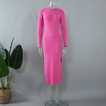 "High Waist Split Crew Neck Knitted Dress"