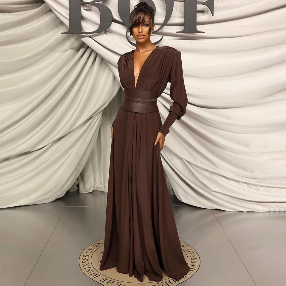 Chocolate Brown Pleated Waist Dress