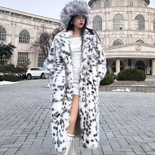 Autumn Winter Faux Fur  Belt Long Leopard Print Overcoat