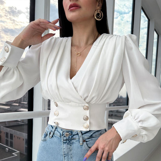 "Sexy V-Neck Puff Sleeve Long Sleeve Shirt for Women"