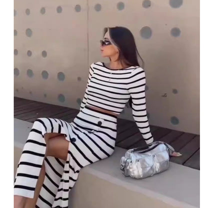 Black White Stripes Long Sleeve Short Top Button Skirt Set