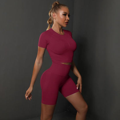 Short Sleeve Shorts Suit-Wine Red