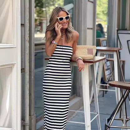 Striped Wrapped Chest Split Sheath Dress