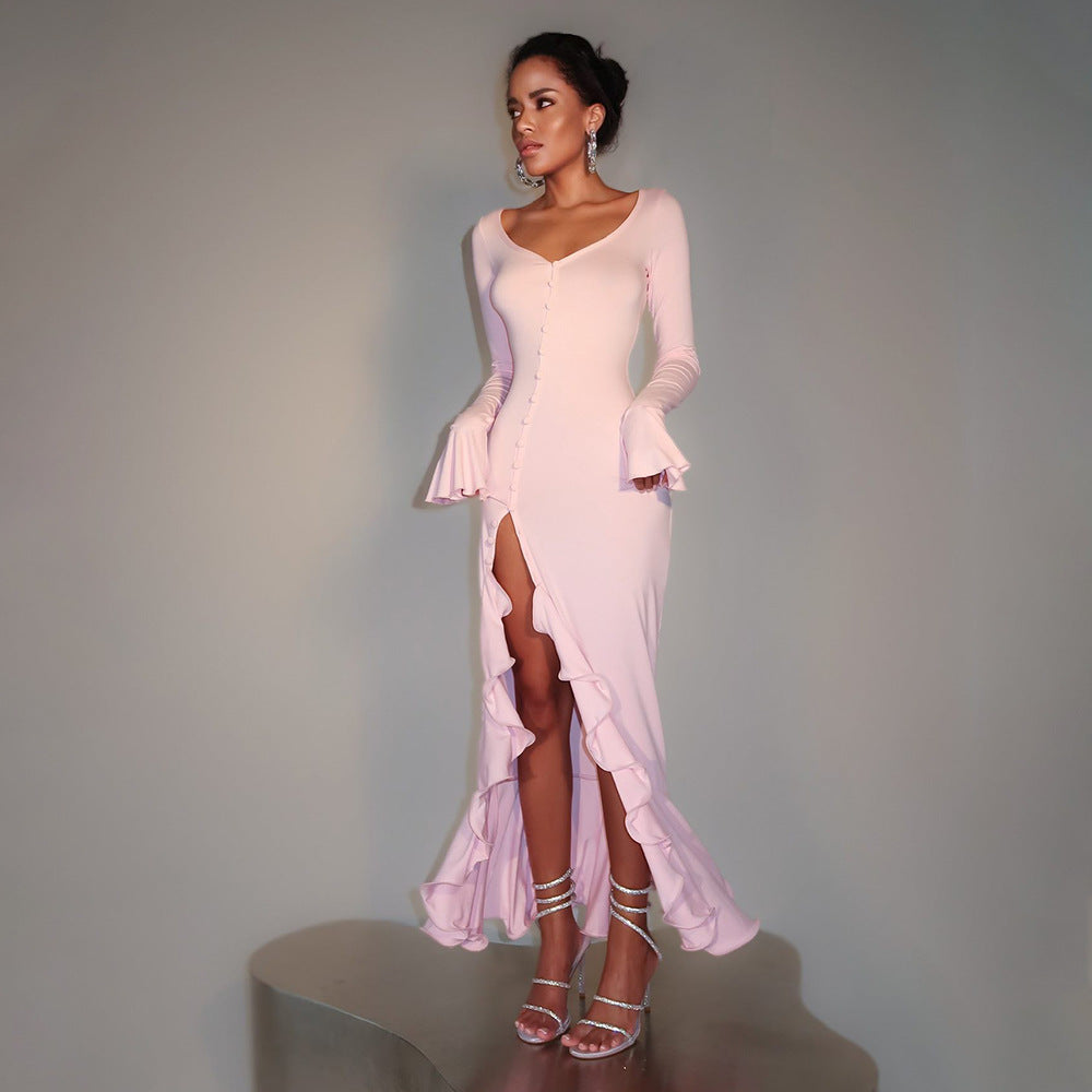 Tight Bell Sleeve Dress Single Breasted Side Slit Dress