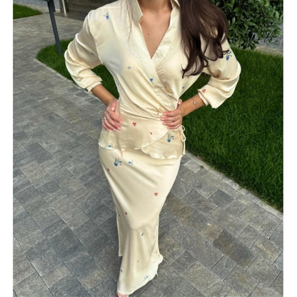 Skirt Set  Elegant Satin Long Sleeve Lace up
