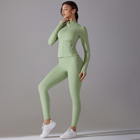 Trendy Push up Long Sleeve Solid Color Slim Elastic Zipper Workout Set