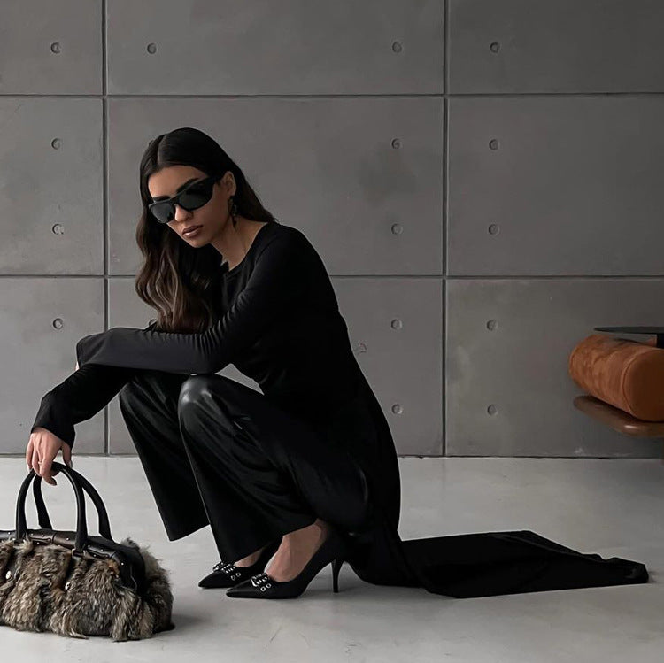 "Regular Asymmetric Slit Solid Color Long Sleeve Dress"